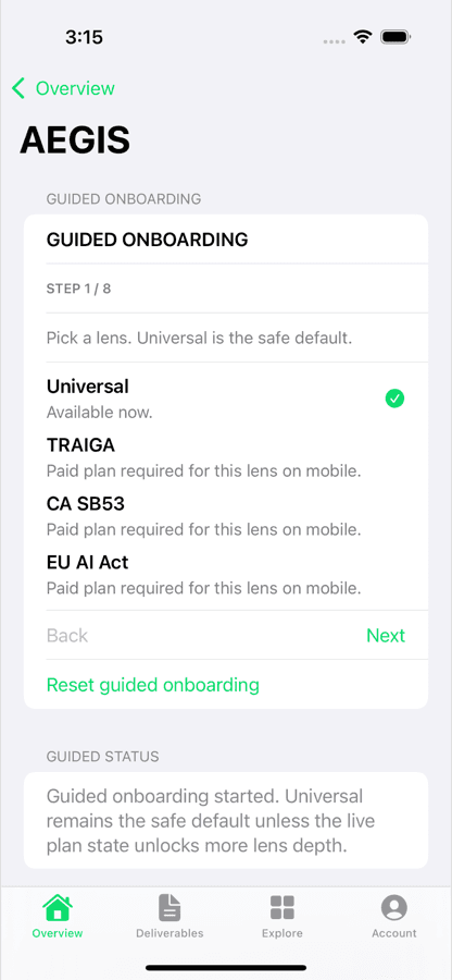 7DEA iOS AEGIS guided onboarding screen