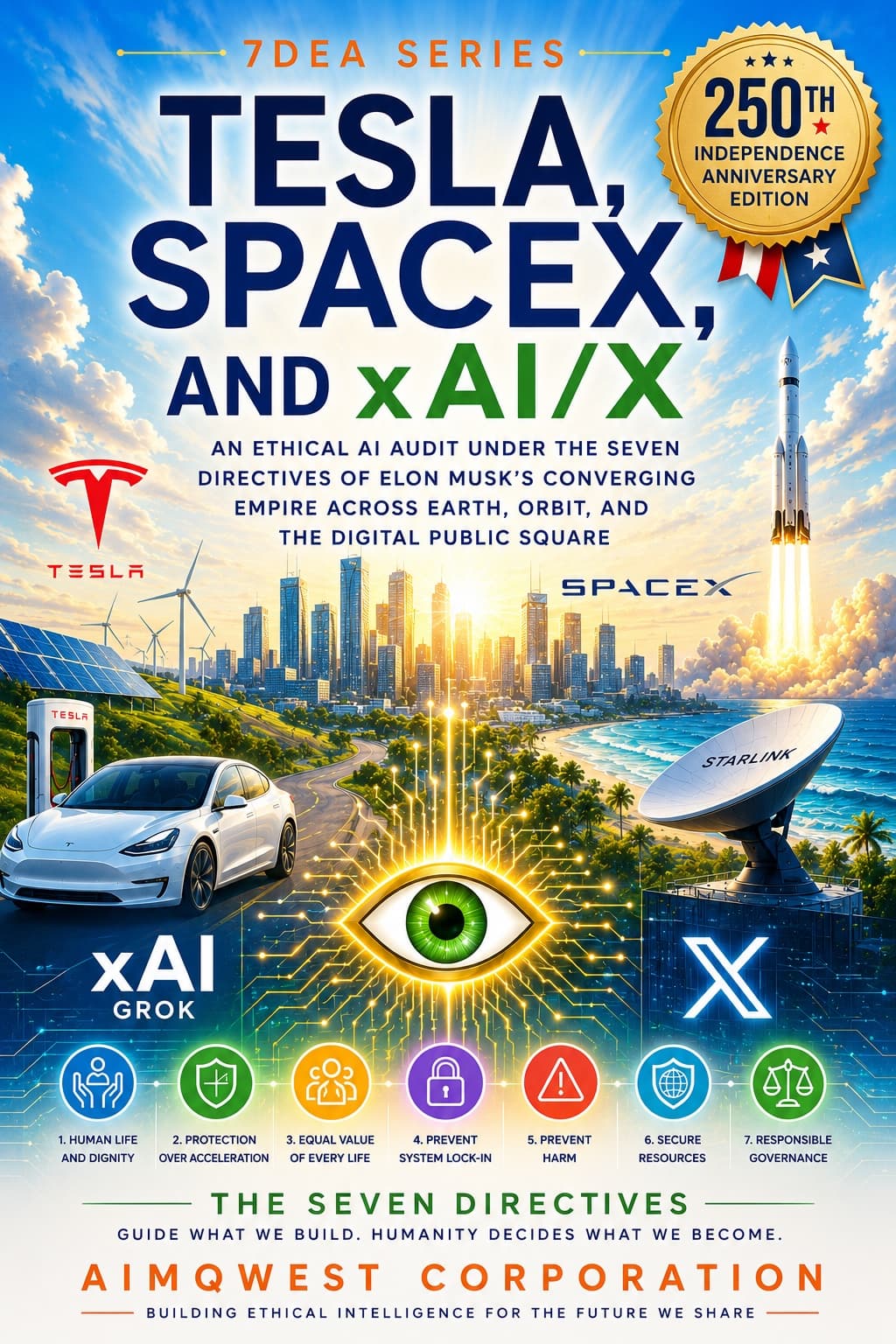 Cover for 7DEA Series Volume 6: Tesla, SpaceX, and xAI/X, marked 250th Independence Anniversary Edition.